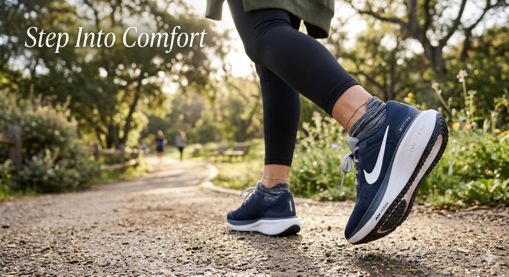 "Woman walking in Nike Motiva, the best walking shoes for women with rocker sole technology"