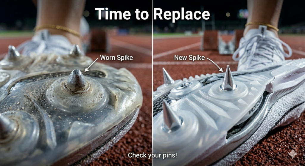 "Comparison of worn out track pins vs new pins for track shoes maintenance"