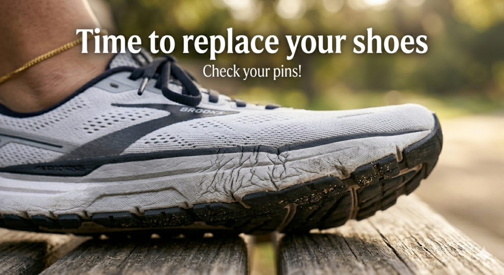 "Worn out midsole of walking shoes for women showing deep wrinkles"