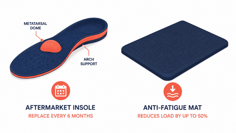 Illustration showing two complementary solutions for standing fatigue: a quality shoe insole replacement and an anti-fatigue floor mat, with labels explaining each