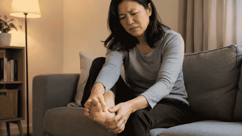 Person sitting on a couch pressing fingers into the ball of their foot after a long day of standing at work