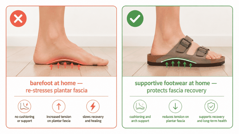 Illustration showing the common plantar fasciitis mistake of walking barefoot at home on hard floors versus wearing supportive sandals or slippers with arch support