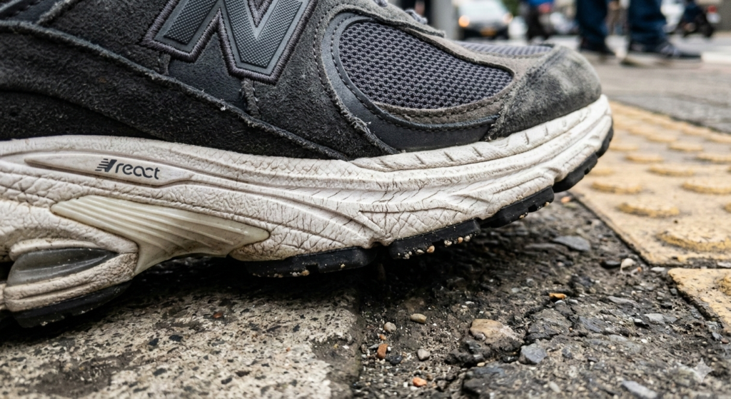 Close-up of a New Balance 2002R midsole showing realistic compression lines and foam wear after 500km of urban commuting test.
