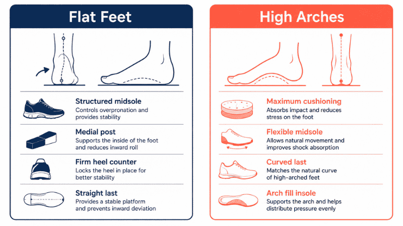 Infographic comparing shoe features needed for flat feet versus high arches, showing that stability shoes suit flat feet while cushioned flexible shoes suit high arches