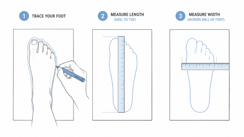 Step-by-step illustration showing how to trace a foot on paper, measure heel-to-toe length and foot width with a ruler