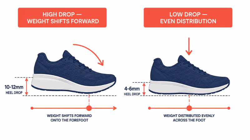 Side-view diagram explaining heel drop in shoes, showing high heel drop versus low heel drop and how each affects weight distribution during prolonged standing