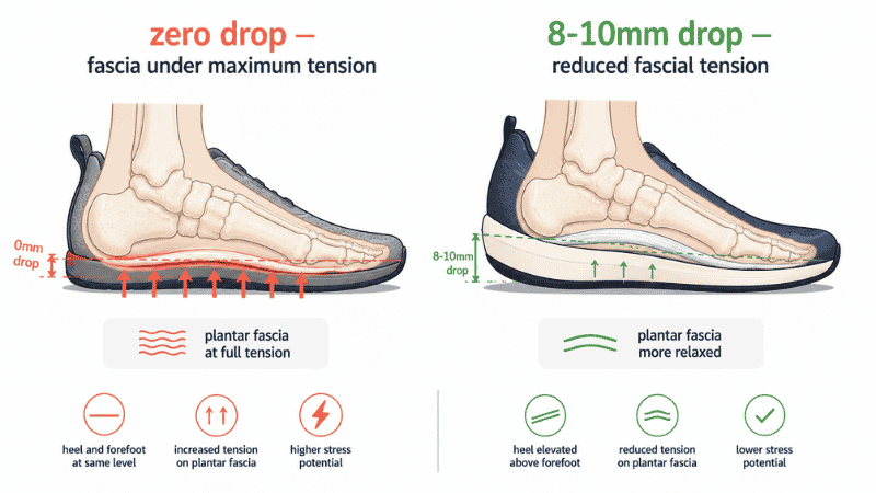 Diagram showing how heel drop affects plantar fascia tension, comparing zero drop flat shoes that increase fascial tension versus 8-12mm heel drop shoes that reduce strain on the plantar fascia