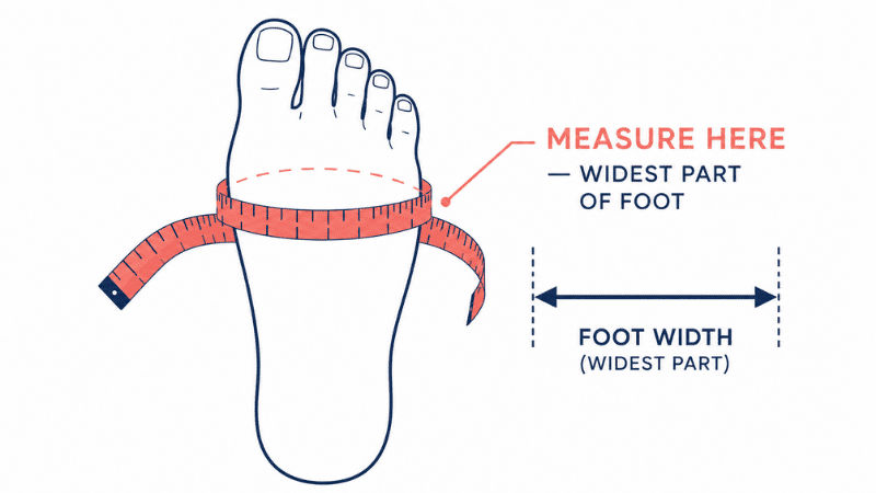 Illustration showing how to measure foot width at the widest point across the ball of the foot using a flexible measuring tape