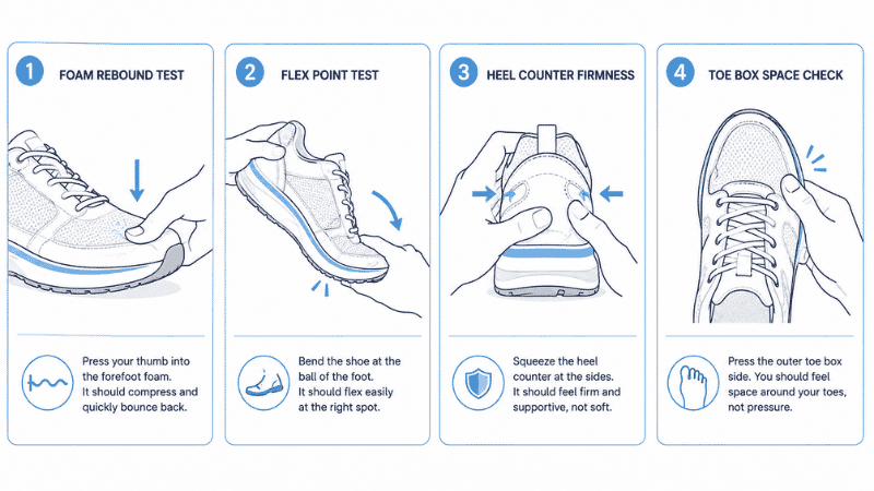 Step-by-step illustration showing four quick tests to check if a shoe is suitable for all-day standing: foam press test, flex point test, heel counter squeeze, and toe box press