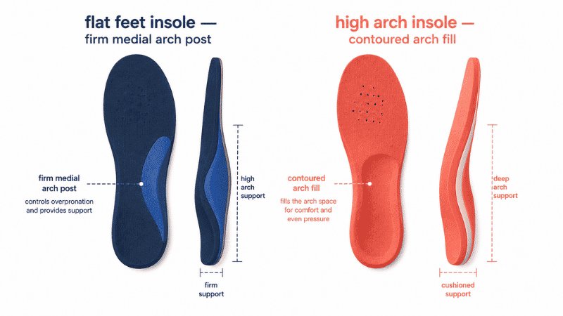 Side by side comparison of two shoe insoles: a firm medial arch insole for flat feet on the left and a contoured cushioned insole for high arches on the right