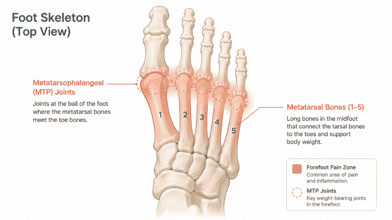 Diagram of the metatarsal bones in the ball of the foot showing the five metatarsal heads and MTP joints where forefoot pain occurs