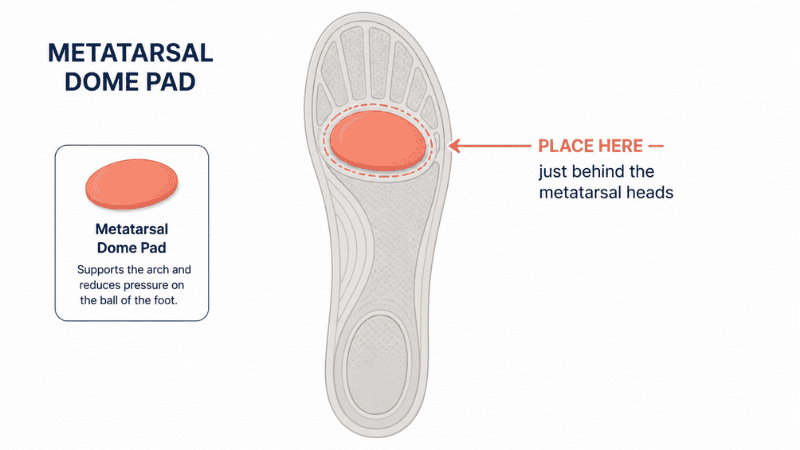 Illustration showing correct placement of a metatarsal pad just behind the metatarsal heads inside a shoe insole to relieve ball of foot pain