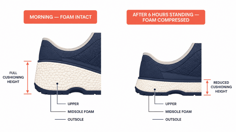 Diagram comparing midsole foam compression in a shoe after prolonged standing versus walking, showing how static standing degrades cushioning faster