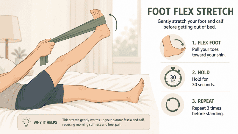 Illustration showing the in-bed morning calf and plantar fascia stretch technique for plantar fasciitis, performed before taking first steps out of bed