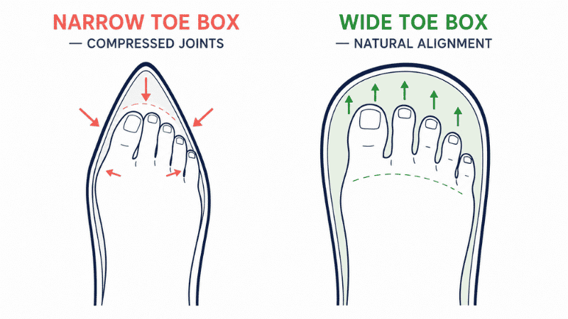 Educational diagram showing how narrow toe boxes cause bunion progression and hammertoe development by compressing the metatarsal joints and toes inward over time