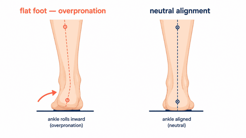 Rear-view diagram showing how flat feet cause overpronation with the ankle rolling inward during walking, compared to a neutral foot alignment