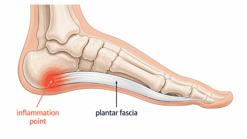 Medical diagram showing the plantar fascia band running along the bottom of the foot from the heel bone to the base of the toes, with the inflammation point highlighted at the heel attachment