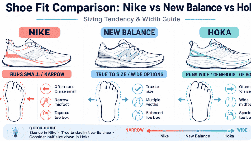 Infographic comparing how shoe sizing varies between Nike, New Balance, and Hoka, showing that the same US size fits differently across brands
