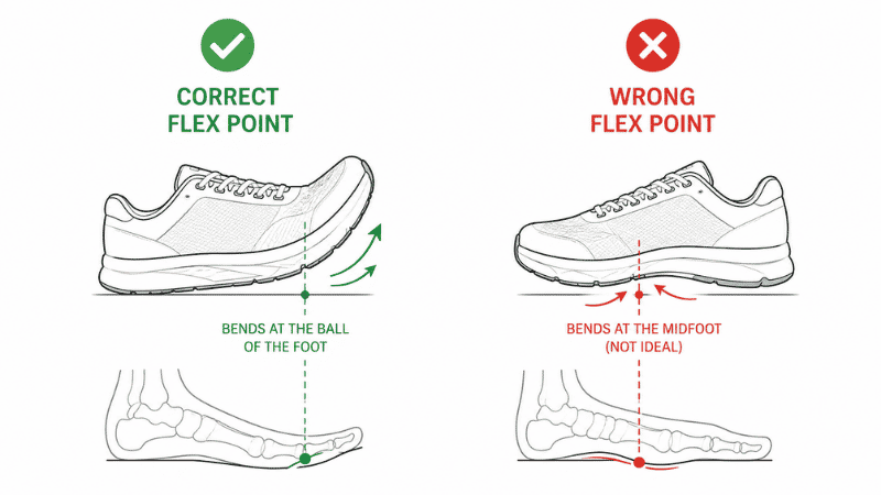 Side-by-side comparison showing correct shoe flex point at the ball of the foot versus incorrect flex point in the middle of the shoe