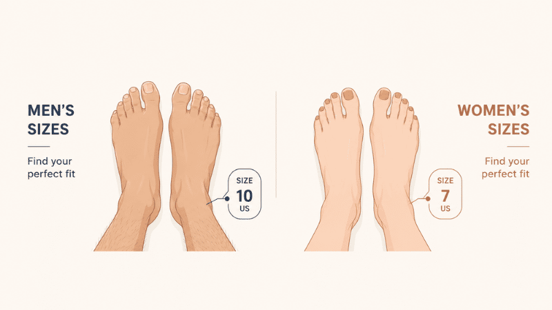 Shoe size conversion chart visual showing US, EU, and UK size equivalents for men and women, with foot length in centimeters