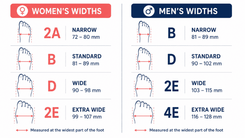 Infographic explaining shoe width sizing letters for men and women, showing the difference between standard B/D width, wide 2E, and extra wide 4E
