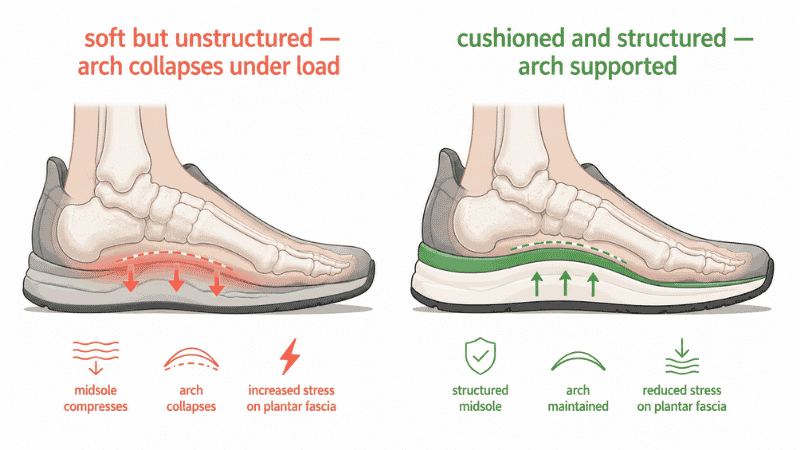 Side-by-side diagram comparing a soft unsupported shoe that allows arch collapse versus a structured supportive shoe that maintains arch position for plantar fasciitis relief