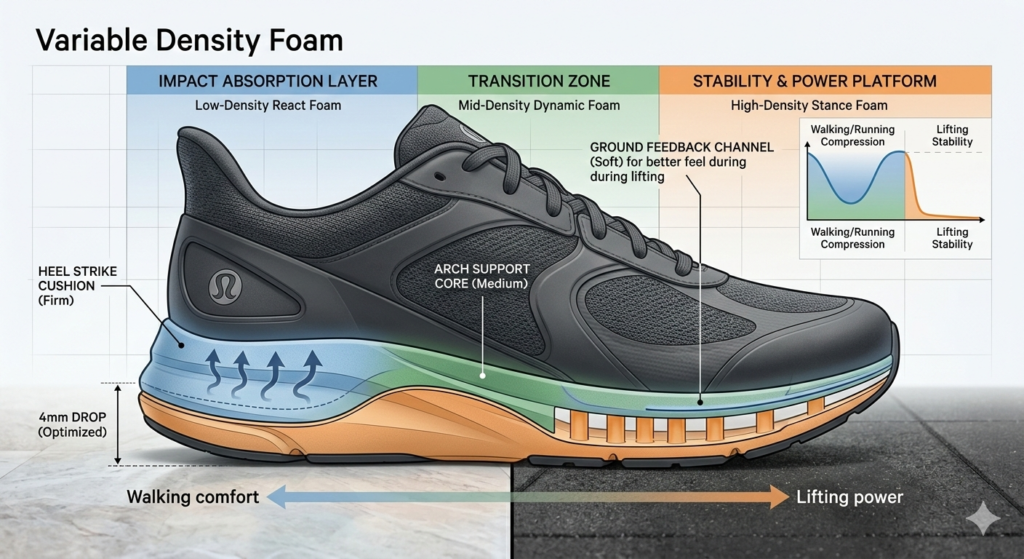 A comparative foot pressure heatmap illustrating the superior weight distribution of a professional commuting sneaker vs a standard flat shoe.