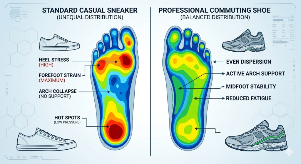 A comparative foot pressure heatmap showing the difference between a flat casual sneaker and a professional commuting shoe with active arch support.