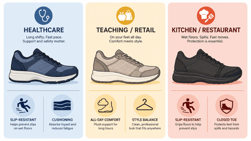 Infographic showing different shoe requirements for three standing professions: nurses on hospital floors, teachers in classrooms, and kitchen workers on wet surfaces