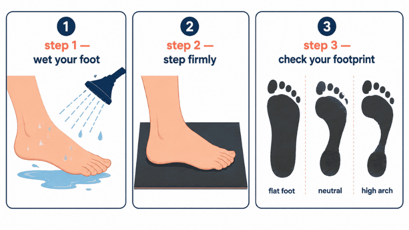 Step by step illustration of the wet foot test showing how to determine foot arch type at home using a wet foot imprint on paper or cardboard