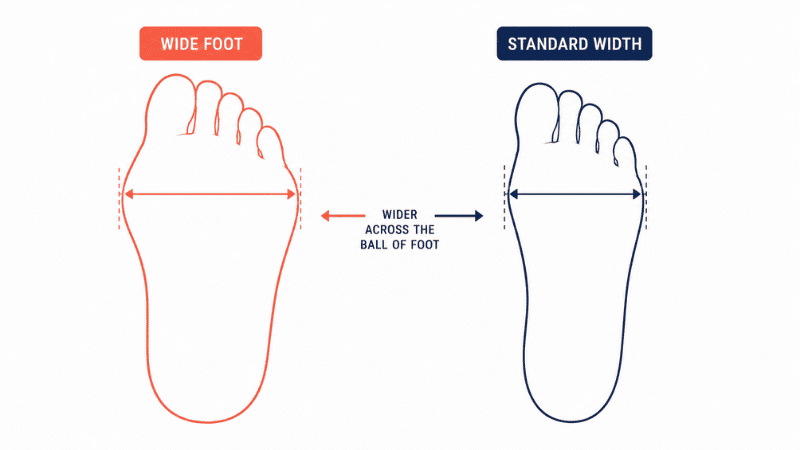 Side-by-side comparison of a wide foot outline and a standard-width foot outline showing the difference in foot width across the ball of the foot