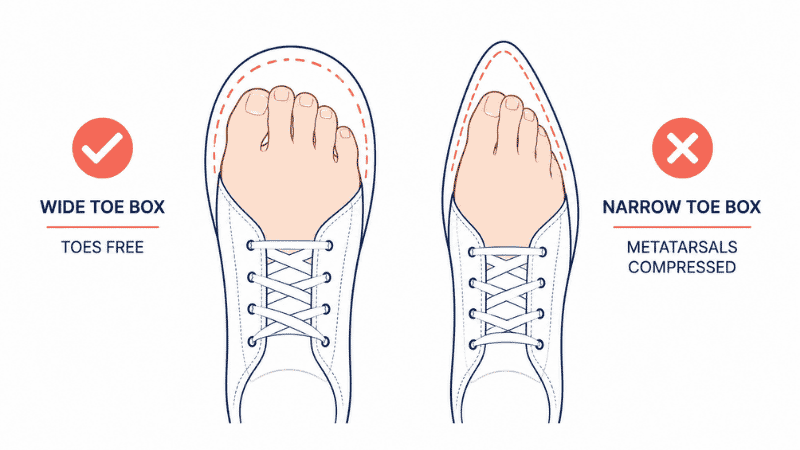 Top-down comparison of a wide toe box shoe versus a narrow pointed toe box shoe showing how narrow shoes compress the metatarsal heads
