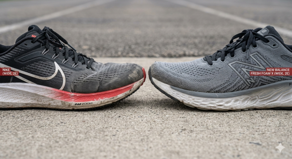 Side profile of Nike and New Balance shoes after a 50-mile test, showing fabric stretching on the Nike model compared to the structural integrity of the New Balance 2E model.