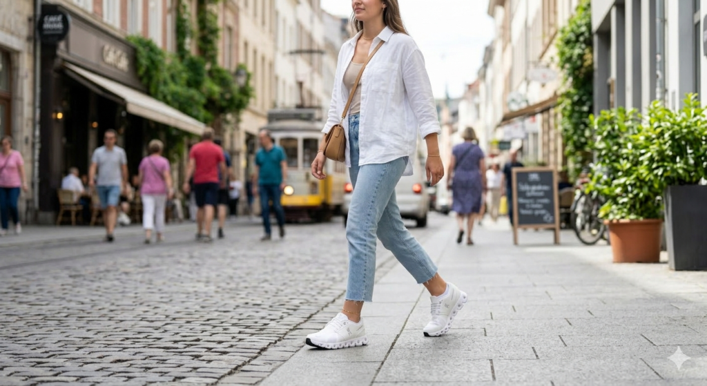 "Stylish on cloud shoes women's lifestyle photography in white"
