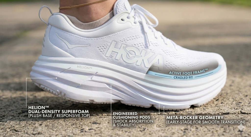 Detailed view of women's hoka shoes cushioning technology