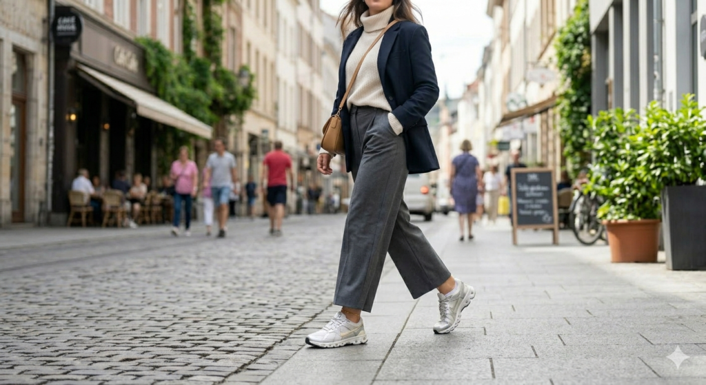 "Fashionable styling of nike v5 rnr women's shoes with a chic oversized suit"