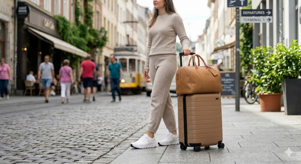 "Casual airport outfit ideas for shoes on women with luggage"