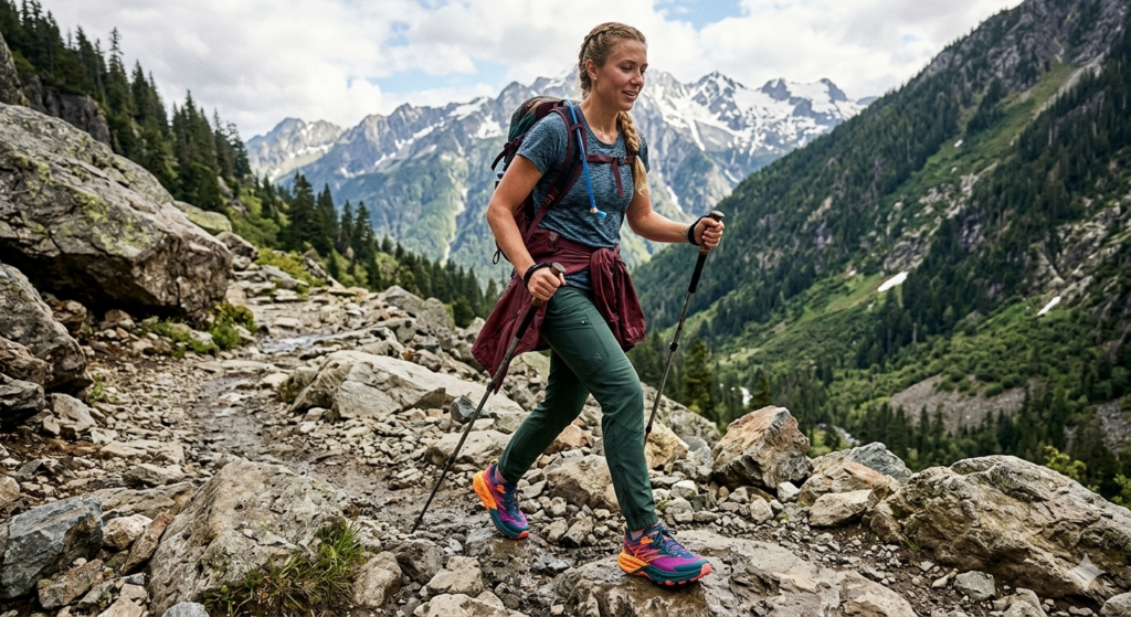A woman hiking in hoka running shoes women's trail edition