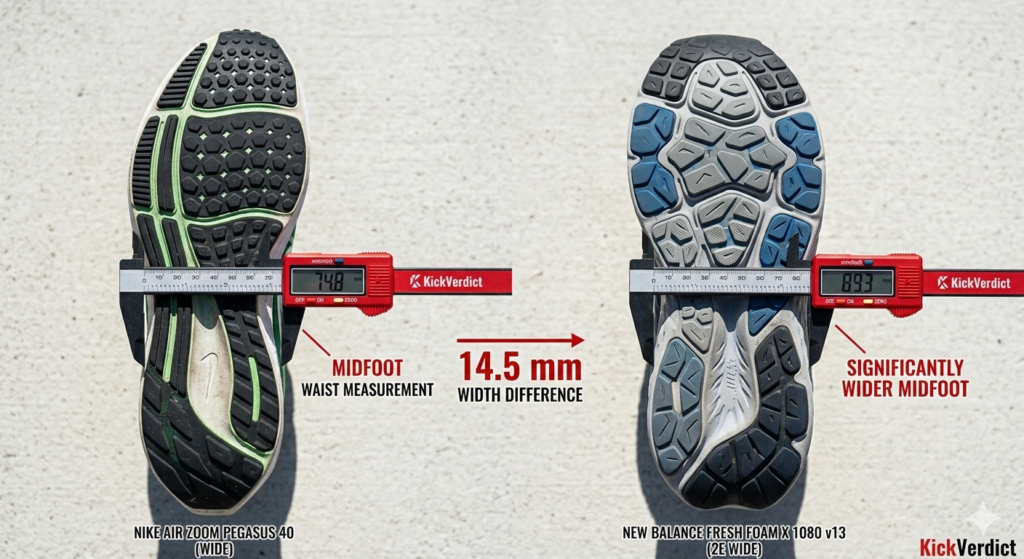 A top-down comparison of Nike Pegasus and New Balance 1080 outsoles, with red digital calipers measuring the midfoot waist to show the 14.5mm width difference.