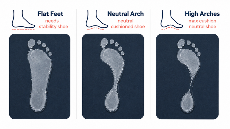 Wet foot test guide showing three footprint results for beginner runners: flat foot with full imprint, neutral arch with moderate curve, and high arch with thin connection between heel and forefoot
