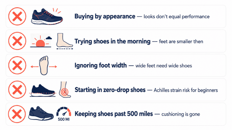 Infographic listing five common running shoe mistakes made by beginner runners: buying by appearance, wrong timing of try-on, ignoring foot width, starting in minimalist shoes, and keeping shoes too long
