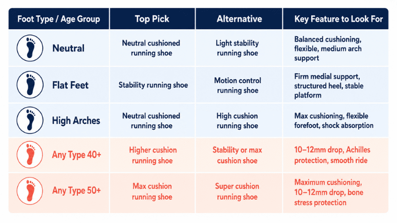 Quick reference chart matching beginner running shoe recommendations to foot type and age group, showing specific model suggestions for neutral feet, flat feet, high arches, and runners over 40
