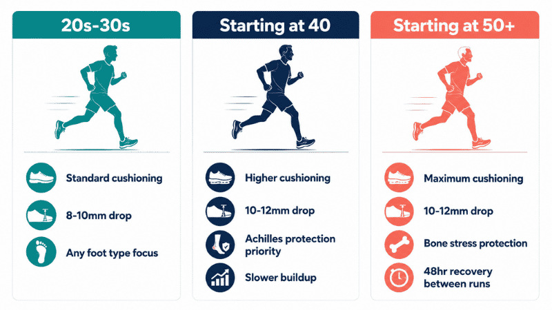 Infographic comparing running shoe requirements for beginner runners at different ages: 20s-30s, starting to run at 40, and starting to run at 50, showing how cushioning and heel drop needs increase with age