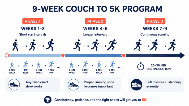 Timeline diagram showing the Couch to 5K program progression across 9 weeks with corresponding running shoe requirements at each phase, from walk-run intervals to continuous 30-minute running