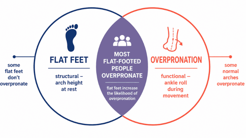 Venn diagram or comparison showing the relationship between flat feet and overpronation, illustrating that they are related but distinct conditions — flat feet describe arch structure while overpronation describes gait mechanics