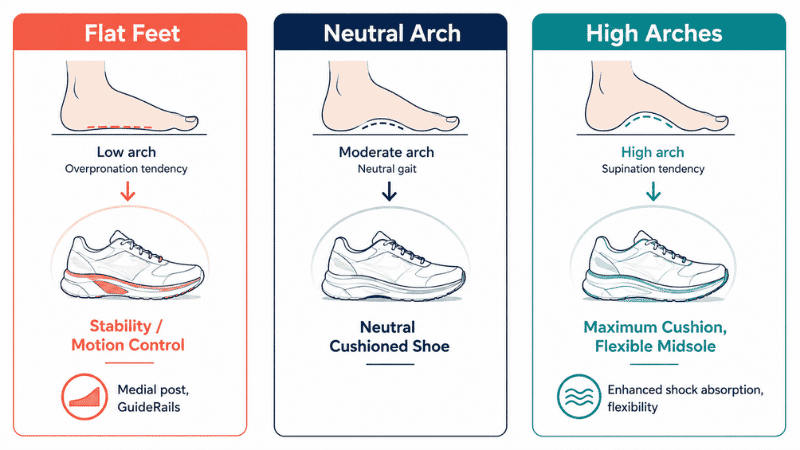 Infographic showing which walking shoe type matches each foot arch type: stability shoes for flat feet, neutral cushioned shoes for neutral arches, and maximum cushion flexible shoes for high arches