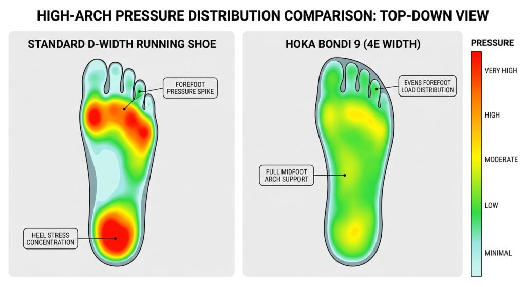 A top-down heat map showing pressure distribution on a high-arched foot, comparing a standard running shoe with very high pressure on the heel and ball versus the balanced distribution of the Hoka Bondi 9.