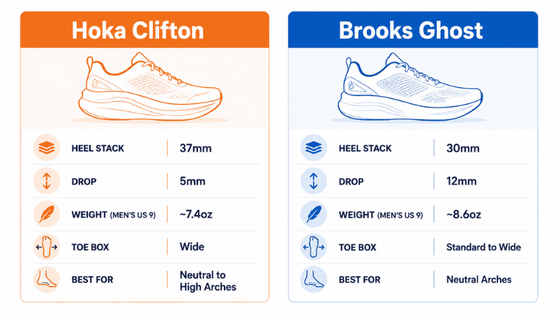 Side-by-side specification comparison of Hoka Clifton and Brooks Ghost walking shoes showing stack height, heel drop, weight, toe box width, and recommended foot type for each model