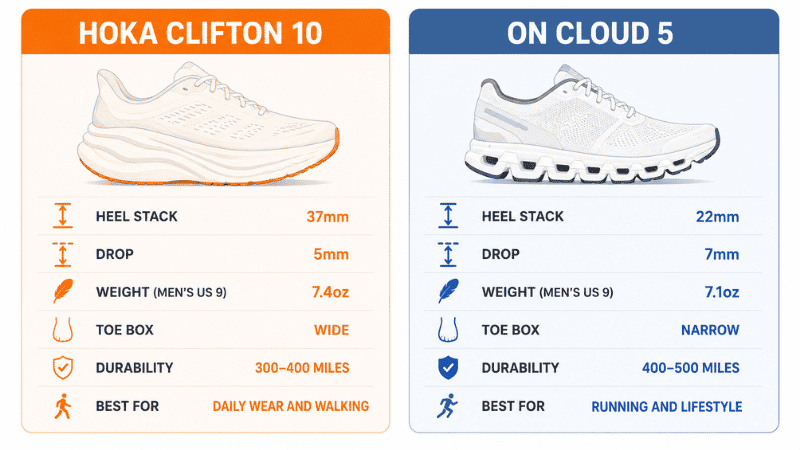 Side-by-side specification comparison card for Hoka Clifton and On Cloud 5, showing stack height, heel drop, weight, toe box width, durability estimate, and best use case for each model