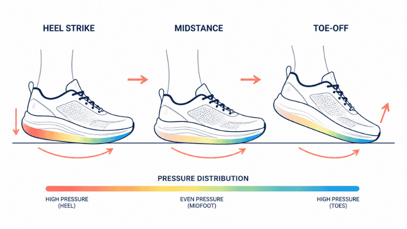 Side-view diagram showing Hoka's rocker sole geometry and how it propels the foot from heel strike to toe-off during walking, reducing peak pressure at any single point